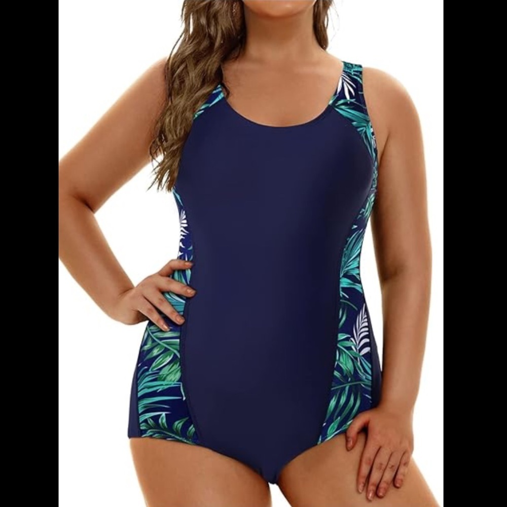 Blue and green one piece swimsuit.